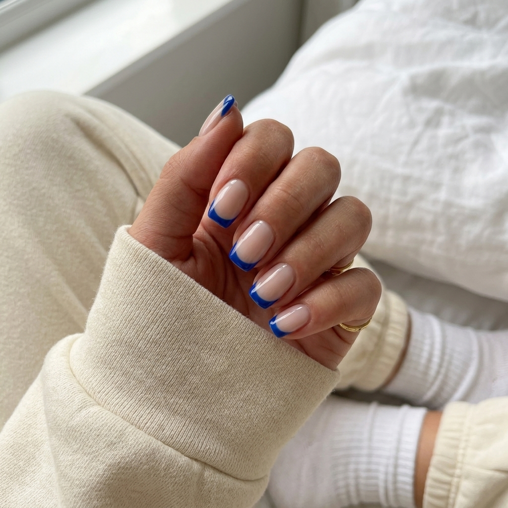 Edgy Summer Nails Square Medium 2026 Summer nails square medium 2026: Deep blue moon French for edgy date nights or summer evening events.