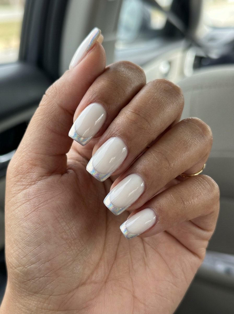 Chrome Line Accent Nails 2026 | Minimalist Chic Style Milky White Chrome Line Accent Square nails for summer 2026: opaque white with holographic chrome edge.