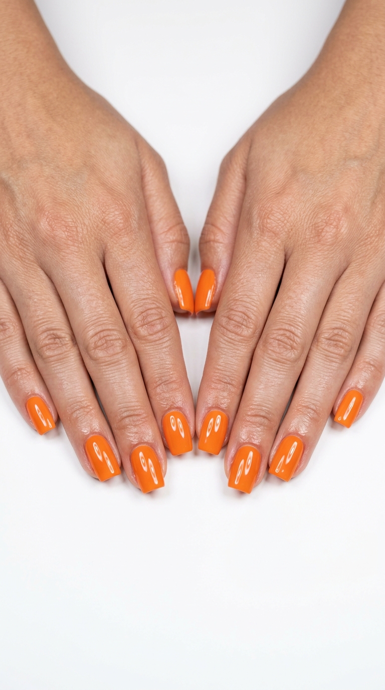 Orange Zest Energy Squares nails for summer 2026: vibrant orange with a high-gloss finish.
