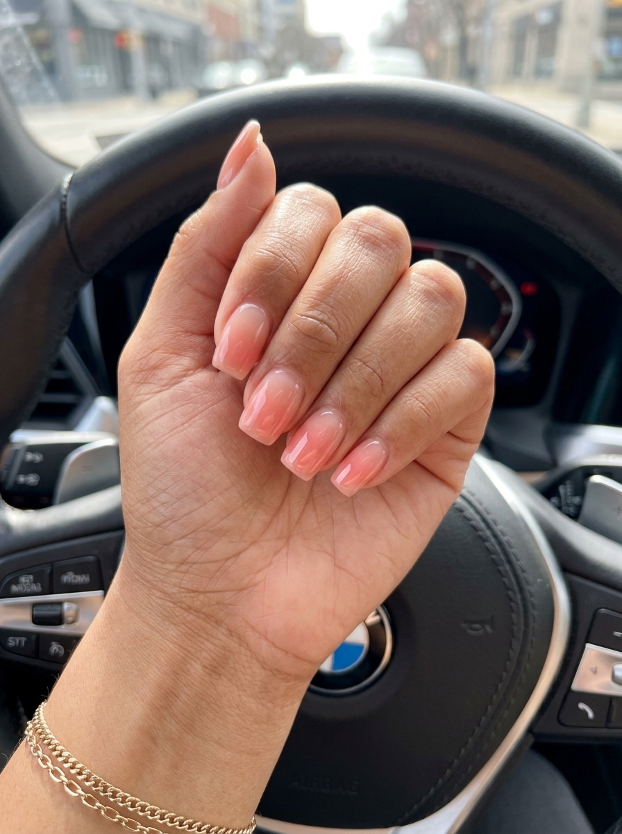 Romantic Summer Nails Square Medium 2026 Summer nails square medium 2026: Peachy pink ombre for a romantic summer vacation or wedding guest look.