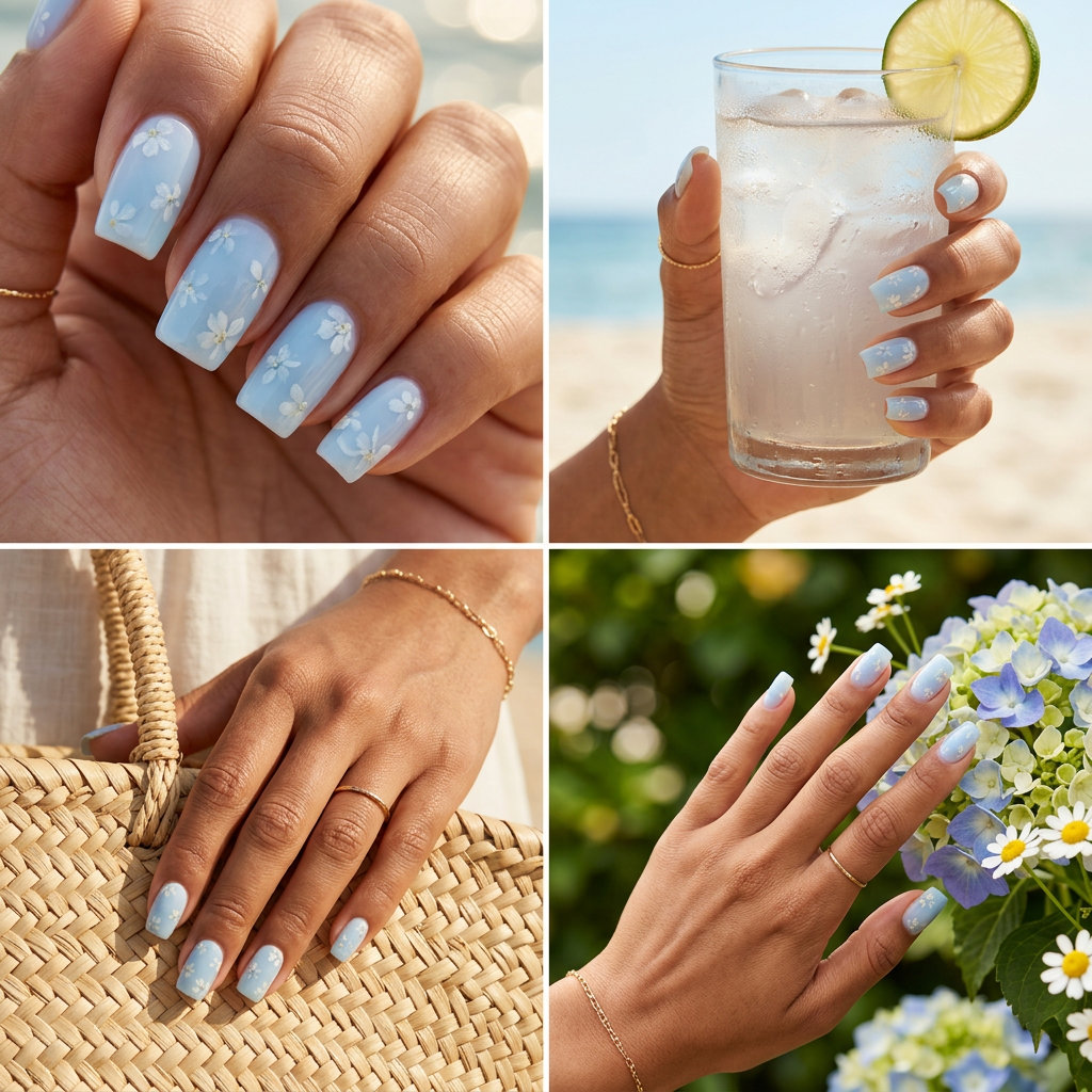Blueberry Milk Bath Nails 2026 Blueberry Milk Bath Square nails for summer nails medium 2026. Milky blue with white floral accents for dreamy vacation looks.