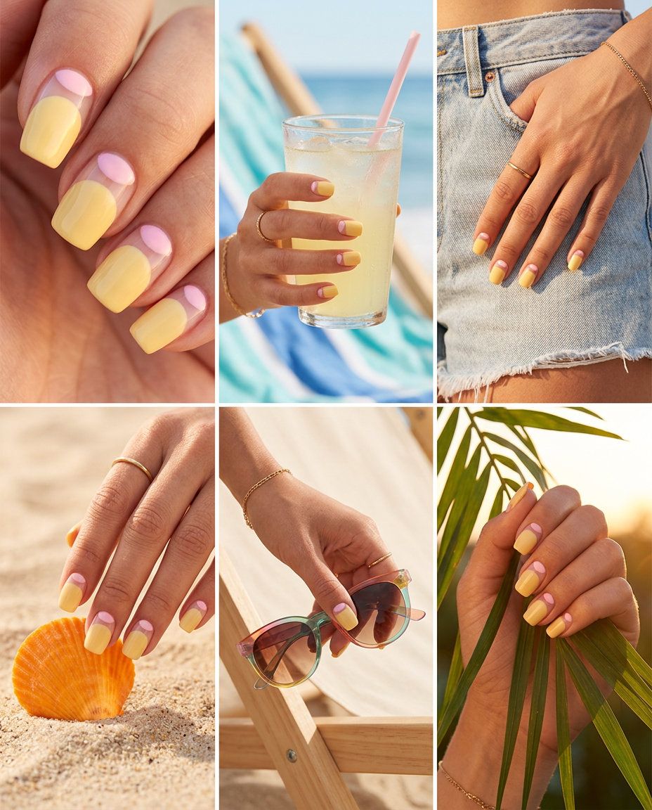 Lemonade Half Moon Nails 2026 Lemonade Half Moon square nails for summer nails medium 2026. Playful butter yellow and pastel pink half-moon design for festivals.