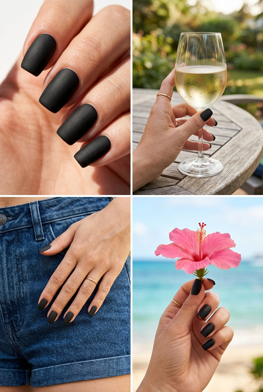Midnight Matte Chic Nails 2026 Midnight Matte Chic square nails for summer nails medium 2026. Deep matte black velvet finish for edgy, sophisticated daily wear.
