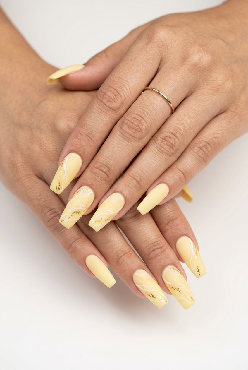 Butter Yellow Marble Coffin nails for summer nails yellow 2026, luxurious for formal events.