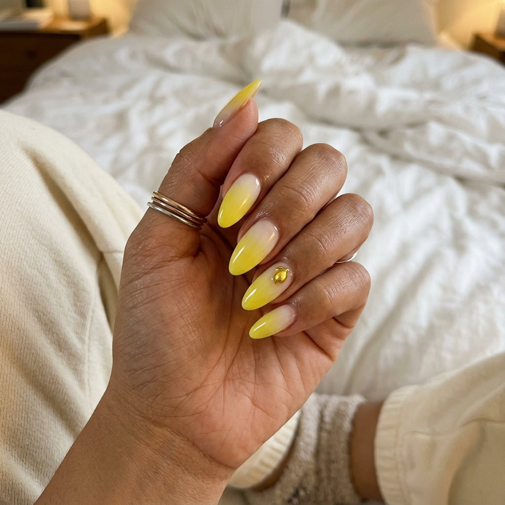 Lemon Zest Abstract Airbrush Almond nails for summer nails yellow 2026, perfect for beach getaways.