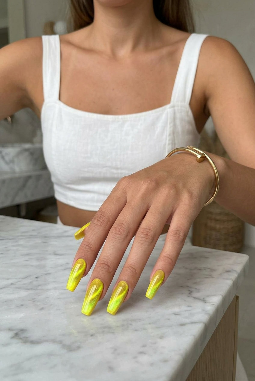 Lemon Zest Cat-Eye Coffin nails for summer nails yellow 2026, sultry for date nights.