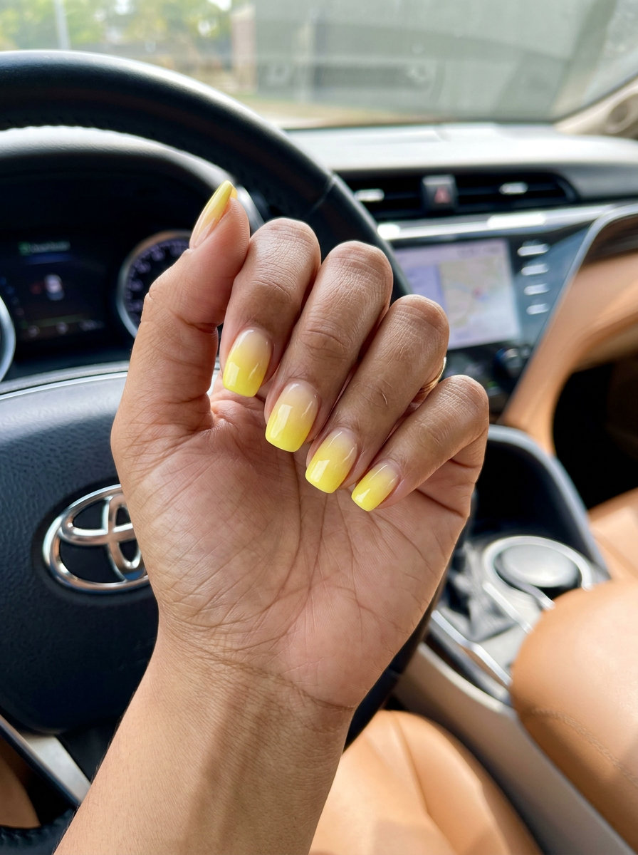 Cheerful lemon zest yellow ombre squoval nails for casual outings and brunch. Summer nails yellow 2026.