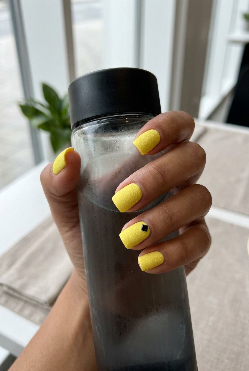Edgy lemon zest yellow textured matte square nails for casual wear and art gallery visits. Summer nails yellow 2026.