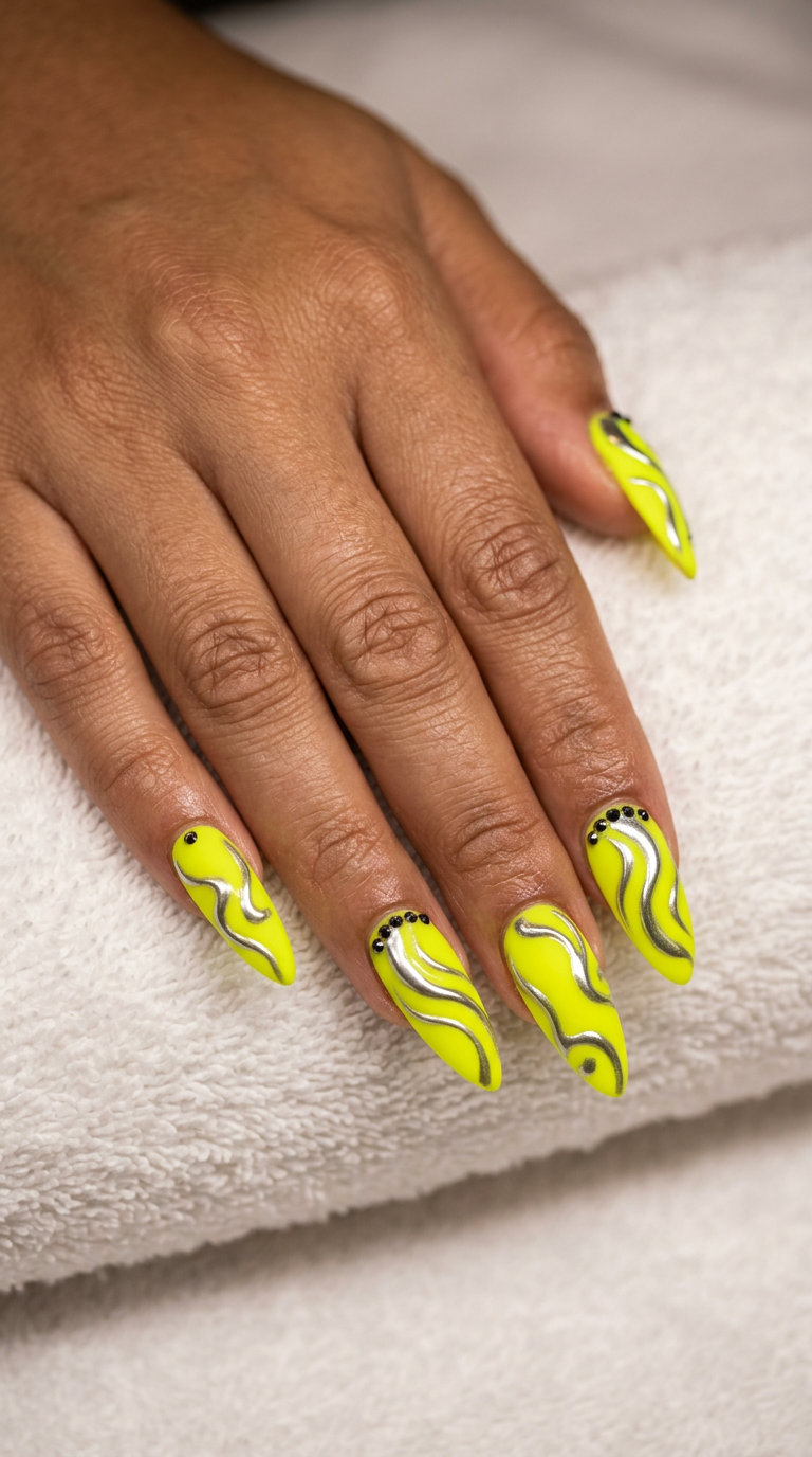 Futuristic neon yellow chrome swirl stiletto nails for festivals, concerts, and parties. Summer nails yellow 2026.