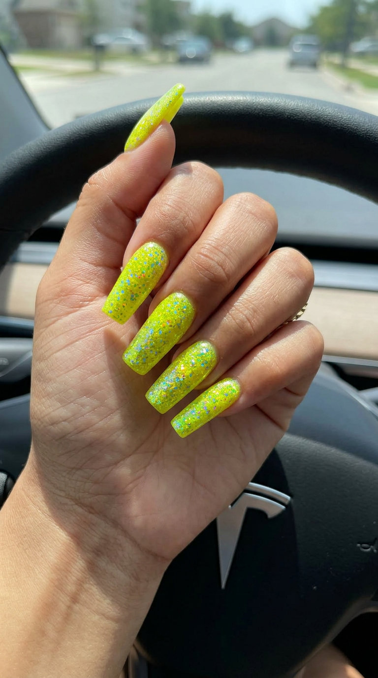 Glamorous neon yellow glitter flare nails for festivals and summer parties. Summer nails yellow 2026.