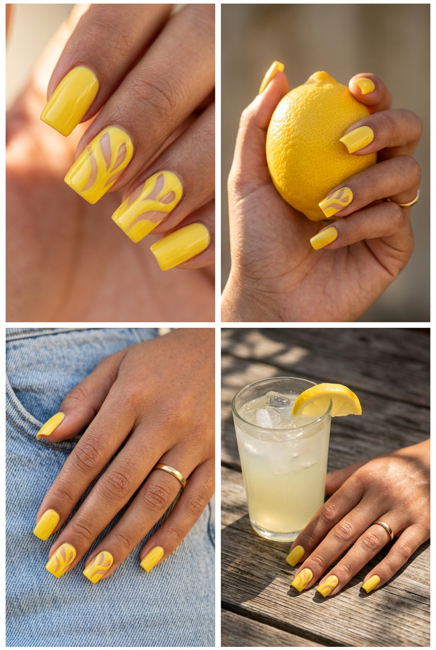 Edgy neon yellow negative space square nails for parties and nights out. Summer nails yellow 2026.