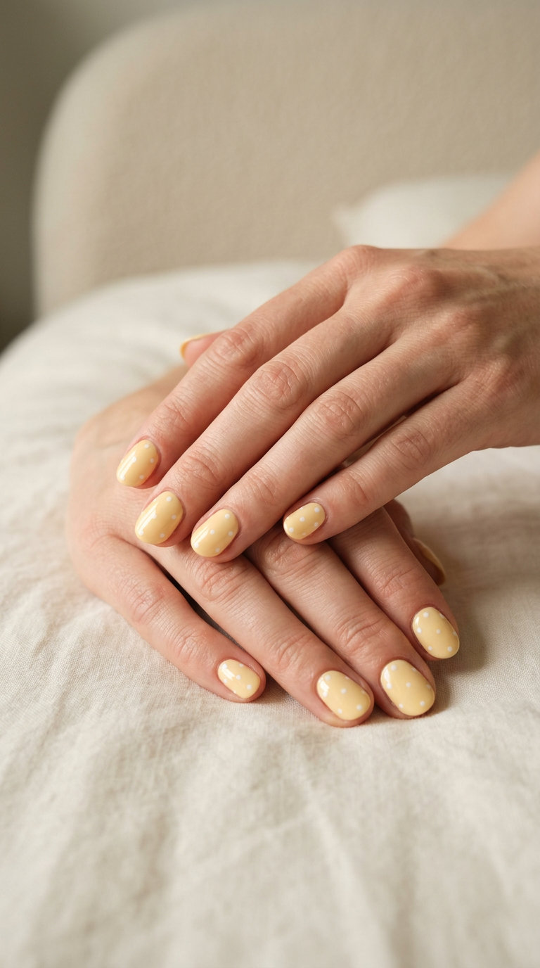 Playful pastel yellow dots oval nails for everyday wear and picnics. Summer nails yellow 2026.