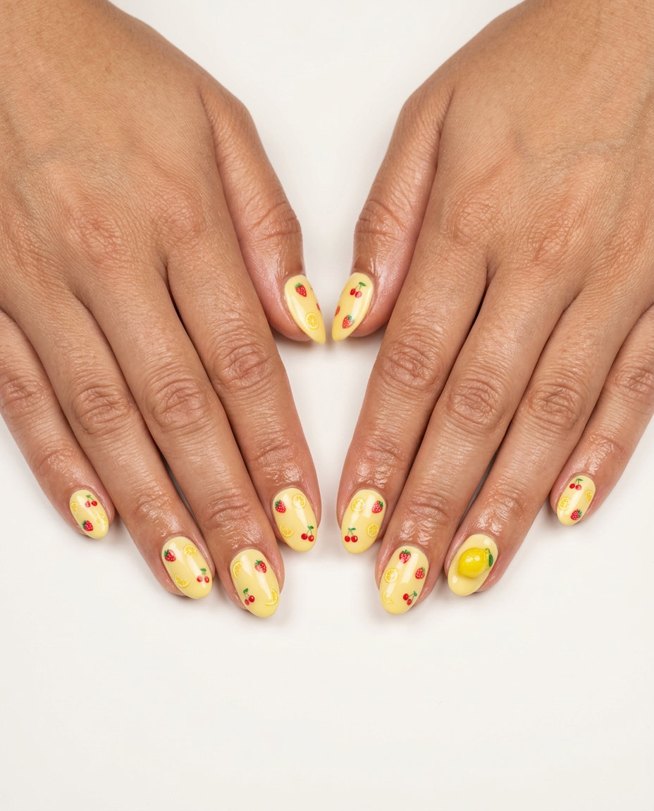 Whimsical pastel yellow fruit decal oval nails for summer vacation and casual wear. Summer nails yellow 2026.