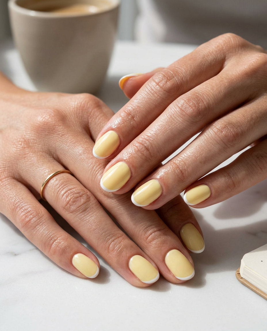Pastel Yellow Micro French Oval nails for summer nails yellow 2026, elegant for weddings.