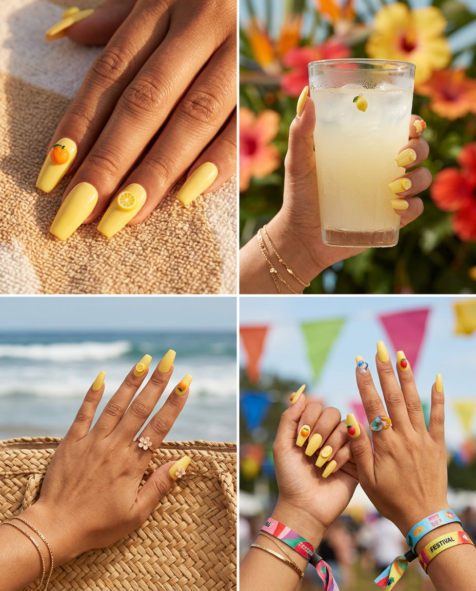 Whimsical Lemon Zest 3D Charms nails for summer nails yellow 2026, playful for vacations.