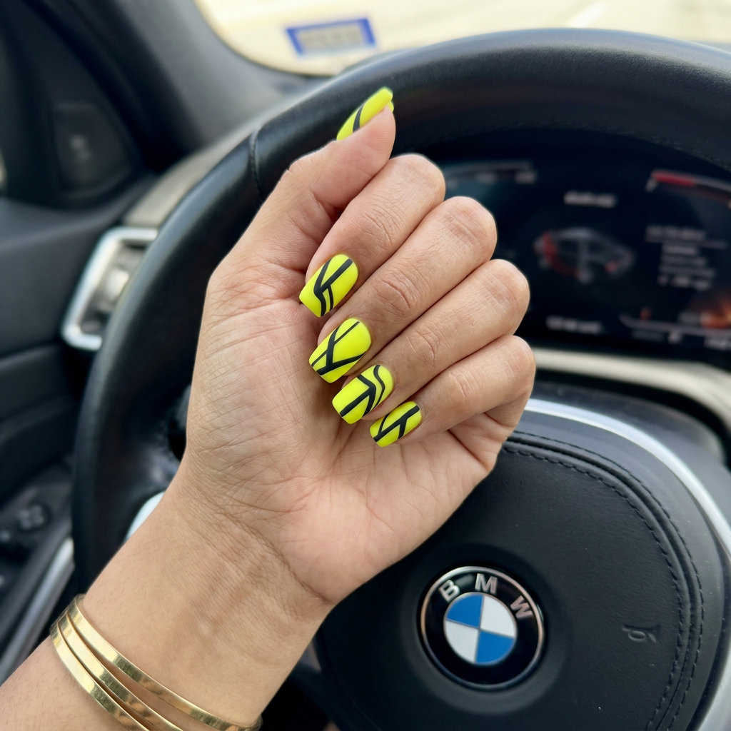 Neon yellow abstract lines on square nails for festivals and concerts. Edgy, bold, artistic matte finish.