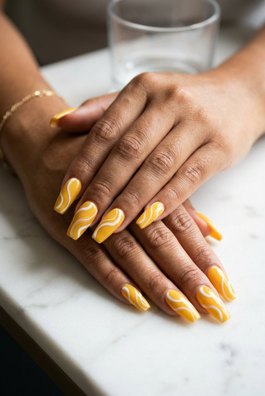 Artistic yellow swirls on coffin nails for vacation and casual outings. Whimsical, chic, glossy finish.