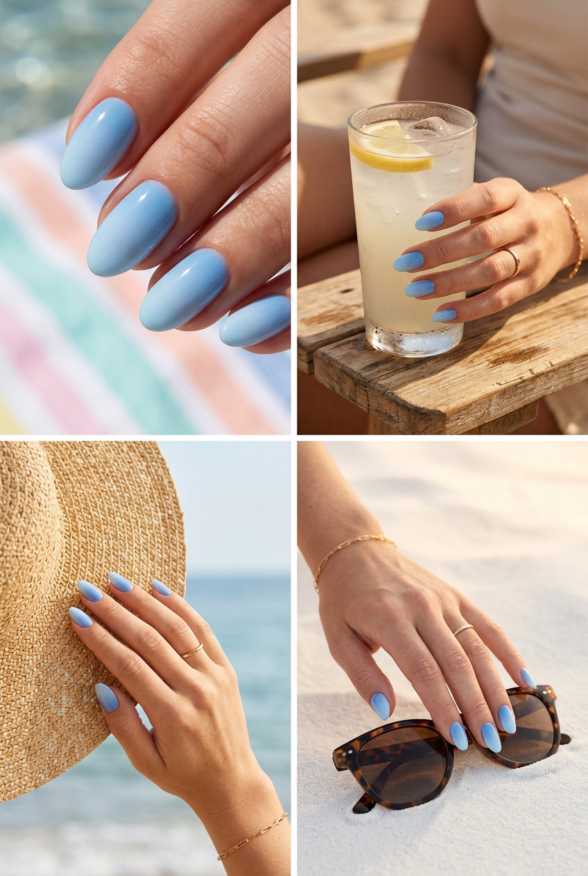 Milky Baby Blue Ombre Nails 2026 Calm milky baby blue oval ombre nails for summer ombre nails 2026, great for casual weekends and daily wear.