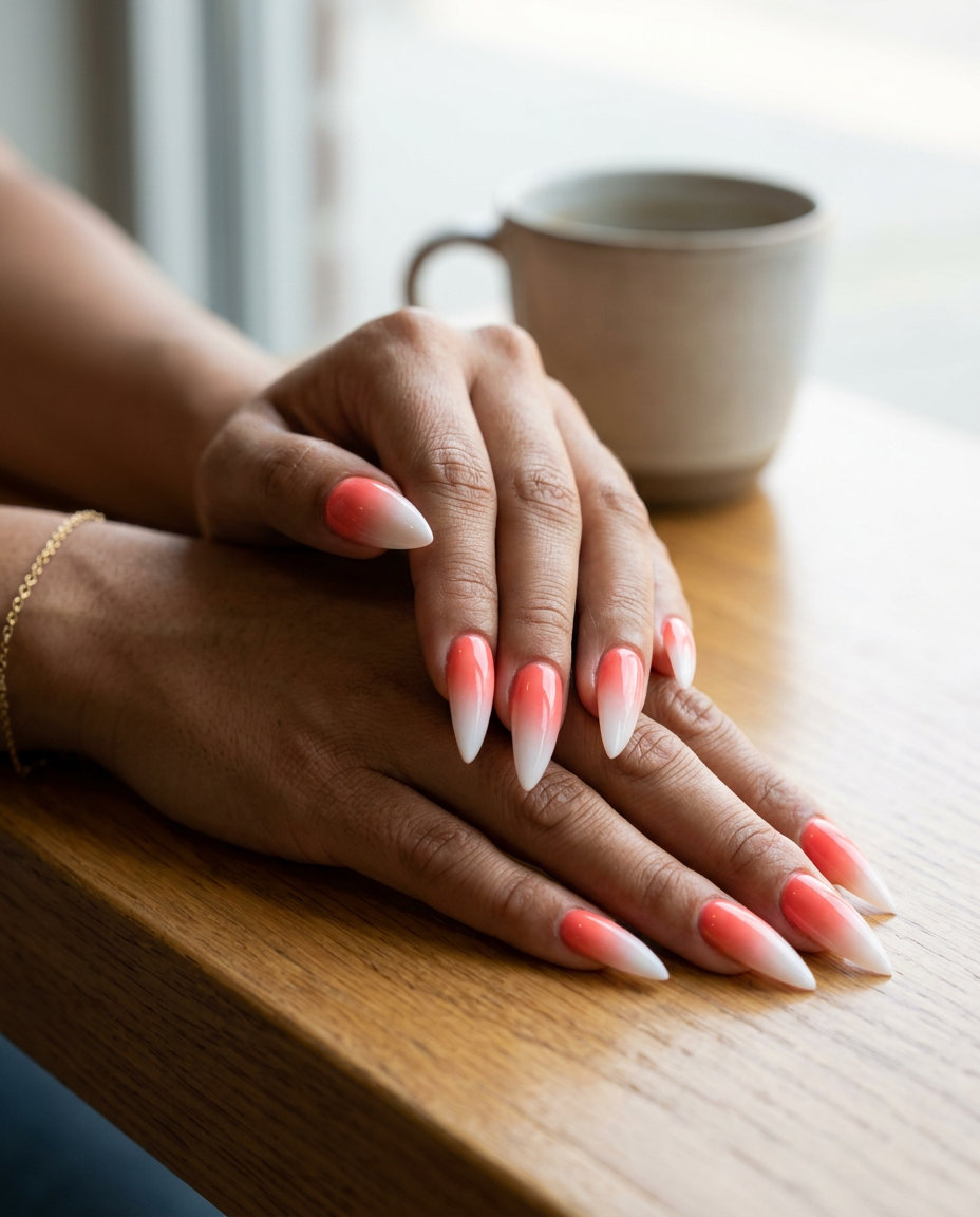 Coral Blush Gradient Stiletto Nails 2026 Coral blush gradient stiletto nails for summer ombre nails 2026. Bold, sultry gel polish for parties.