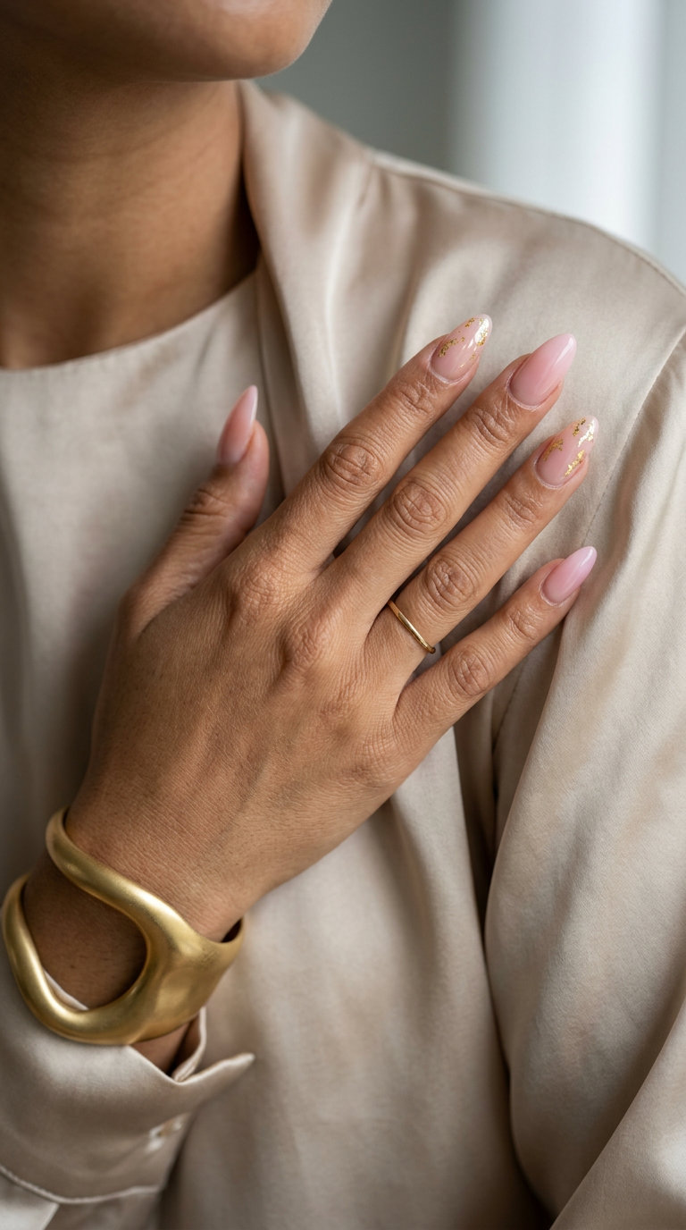 Gilded Rose Ombre Nails with Foil 2026 Gilded rose ombre nails with foil flakes for summer ombre nails 2026. Elegant gel polish for date night.