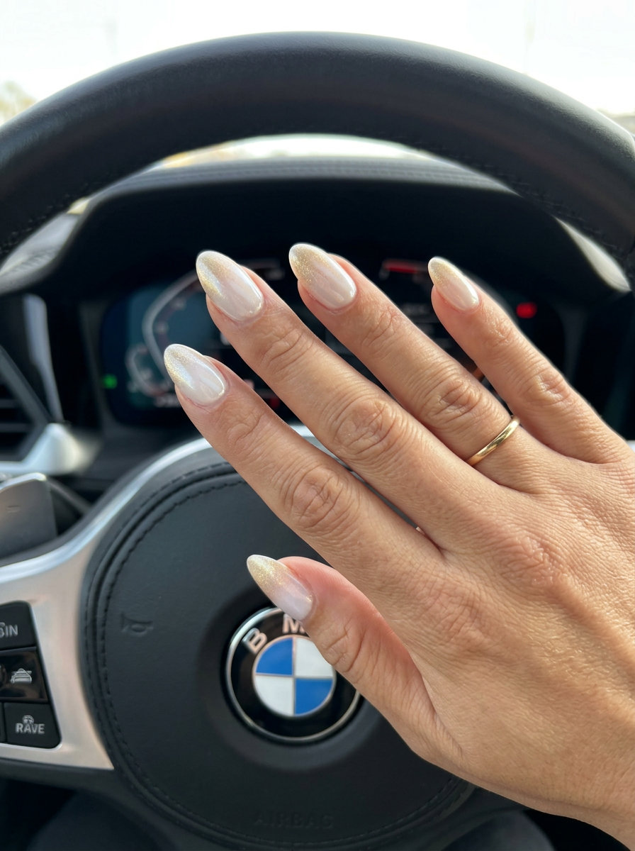 Gold & White Ombre Nails 2026 Glamorous shimmering gold & white ombre almond nails for summer ombre nails 2026, perfect for evening events.