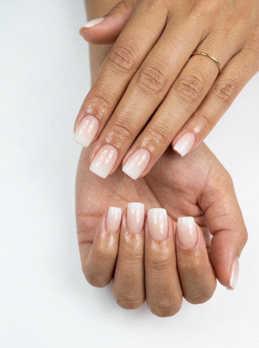 Milky White to Nude Ombre Nails 2026 Minimalist milky white to nude ombre short square nails for summer ombre nails 2026, perfect for work or daily wear.