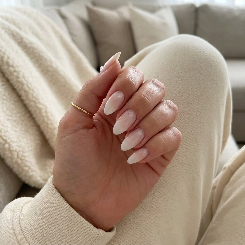 Nude Ombre with 3D Dew Drops Nails 2026 Fresh sheer nude ombre with 3D dew drops on almond nails for summer ombre nails 2026, ideal for daily wear.