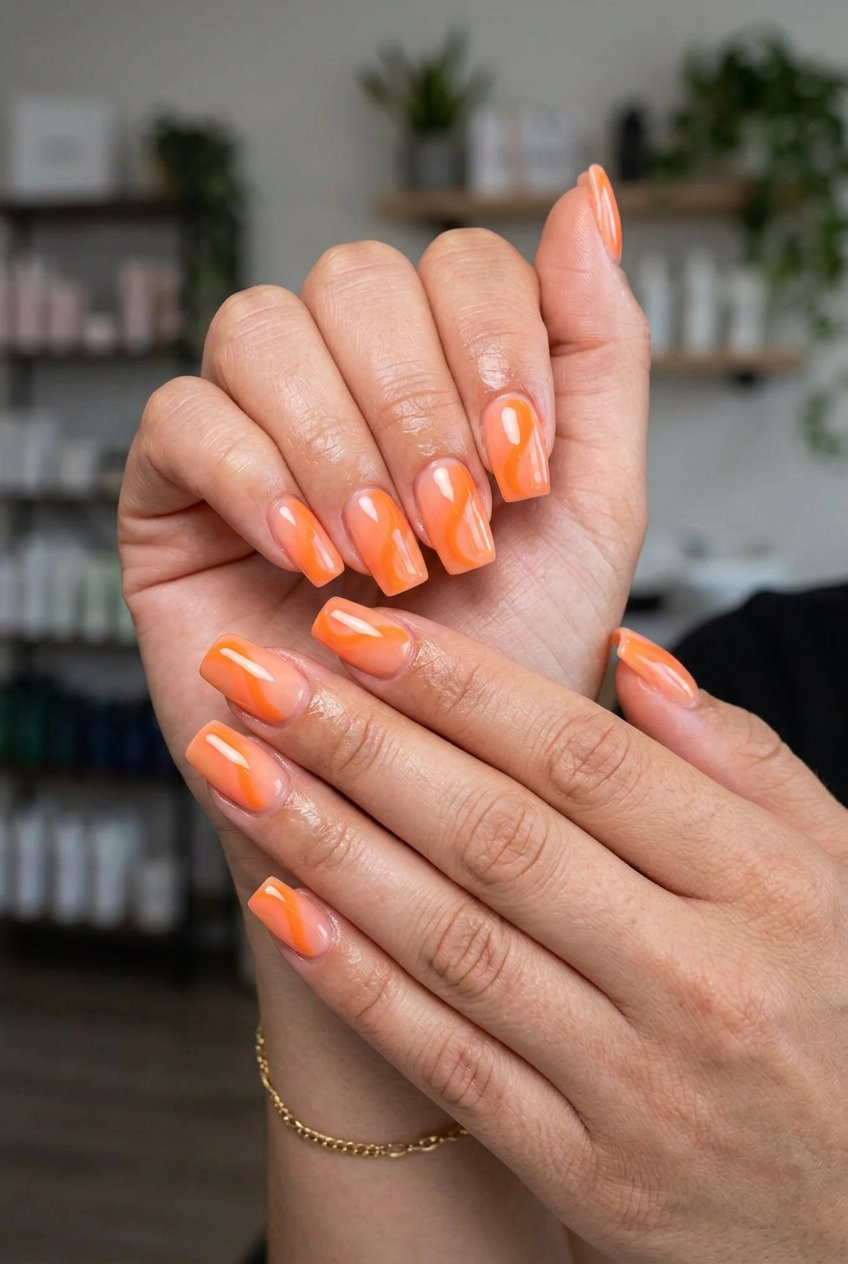 Peach & Orange Swirl Ombre Nails 2026 Peach and orange swirl ombre nails for summer ombre nails 2026. Playful jelly gel polish.