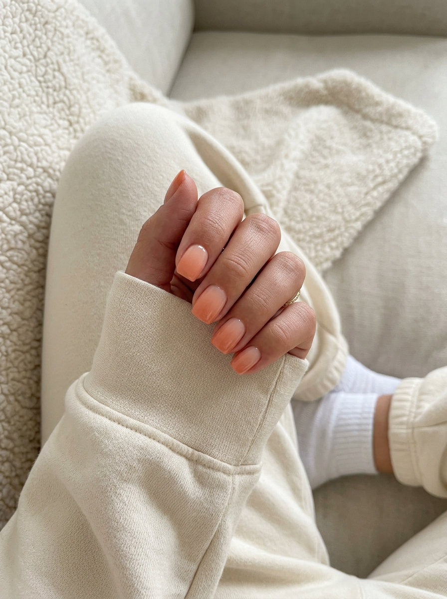 Summer Ombre Nails 2026: Chic Peach Gradient Subtle reverse peach ombre square nails for summer ombre nails 2026. Casual and sophisticated.