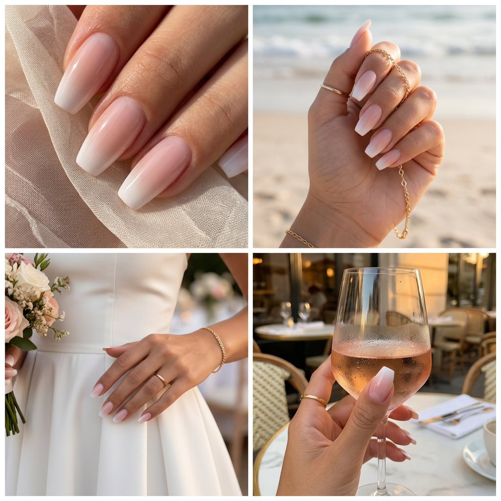 Pink to Nude French Tip Ombre Coffin 2026 Pink to nude French tip ombre coffin nails for summer ombre nails 2026. Sophisticated gel polish.