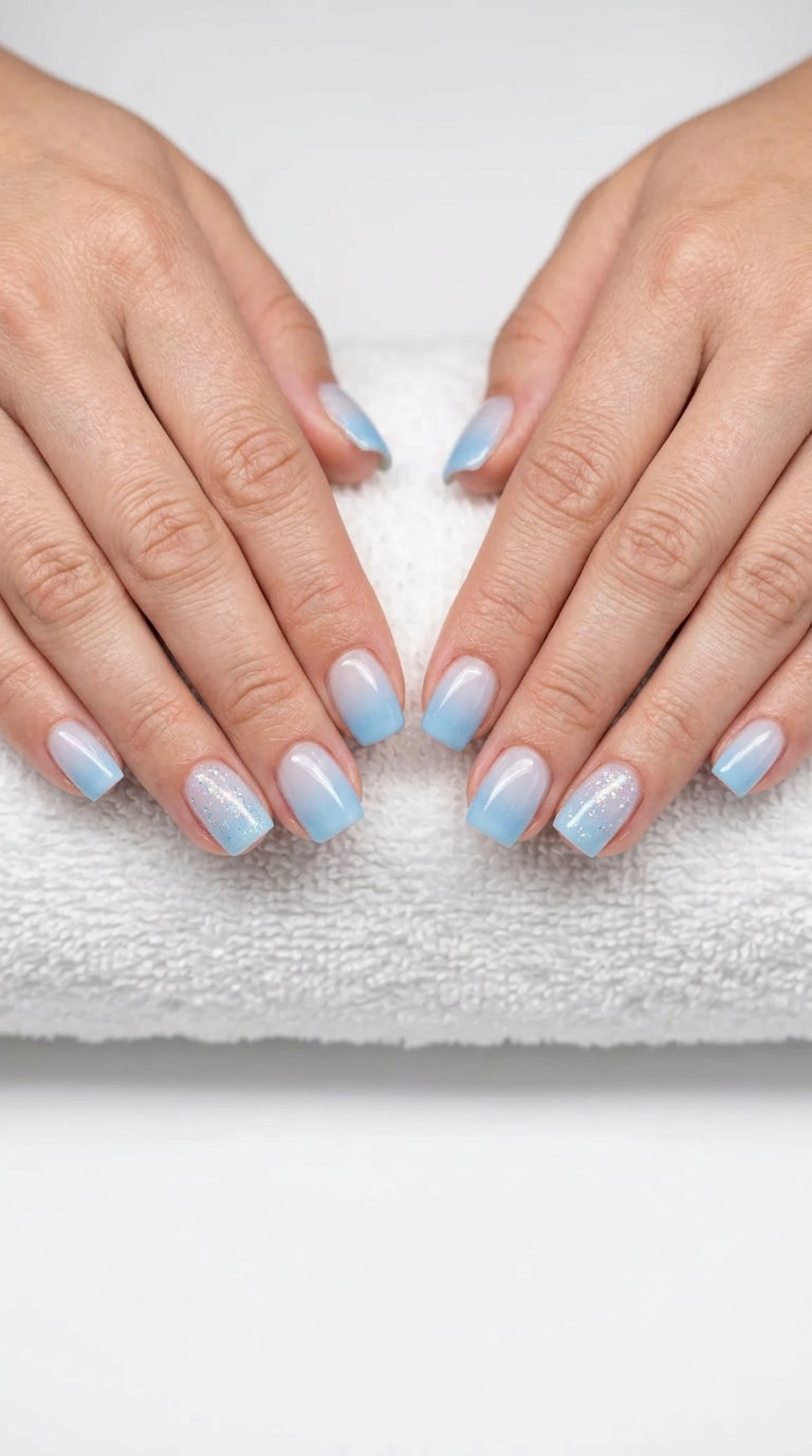 Sparkling Sky Ombre with Glitter 2026 Sparkling sky ombre nails with glitter accent for summer ombre nails 2026. Dreamy gel polish for beach.