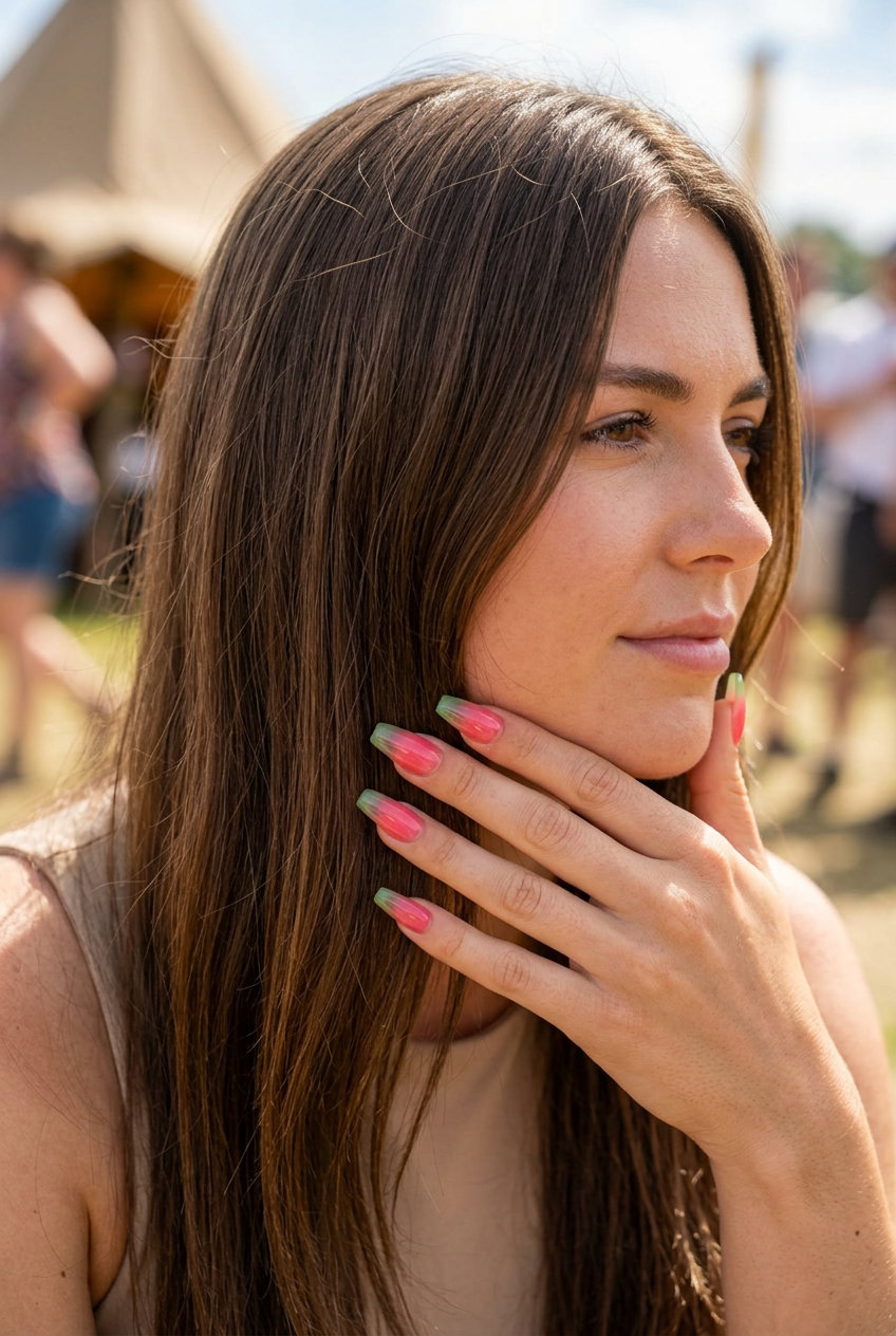 Watermelon Jelly Ombre Nails 2026 Playful watermelon jelly coffin ombre nails for summer ombre nails 2026, ideal for festivals and summer parties.