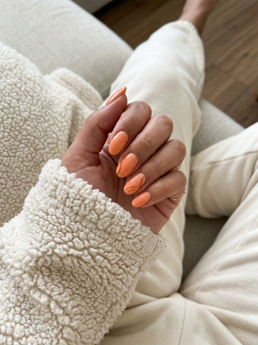 Summer Peach Nails 2026: Edgy Apricot Abstract Sophisticated summer peach nails 2026 with abstract apricot lines for date night or creative professional events.