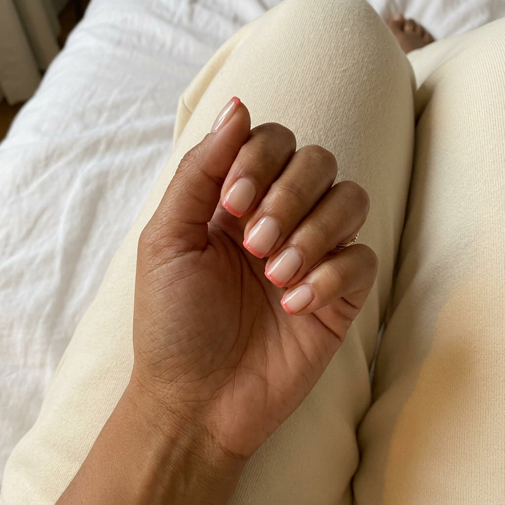 Summer Peach Nails 2026: Coral Pink Reverse French Minimalist summer peach nails 2026 with a coral pink reverse French on a sheer nude base for daily wear.