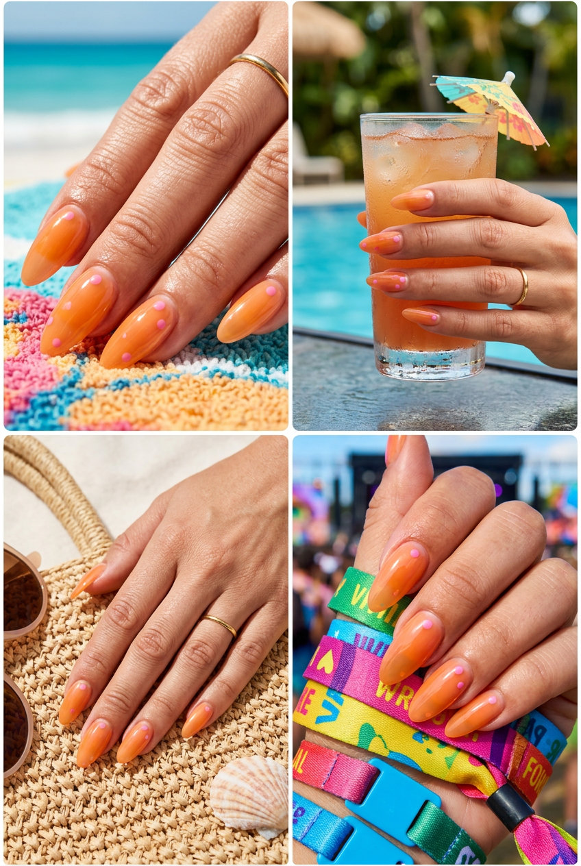 Creamsicle Orange Jelly Nails 2026: Playful & Juicy Vibrant creamsicle orange jelly nails with pink dots for summer 2026. Playful, juicy look for vacation and festivals.