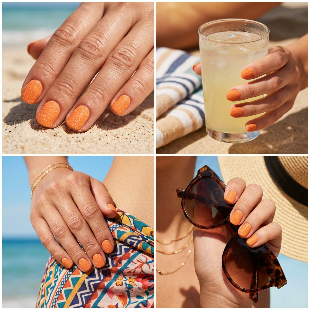 Summer Peach Nails 2026: Creamsicle Sugar Texture Playful summer peach nails 2026 in creamsicle orange with a unique textured sugar finish for parties.