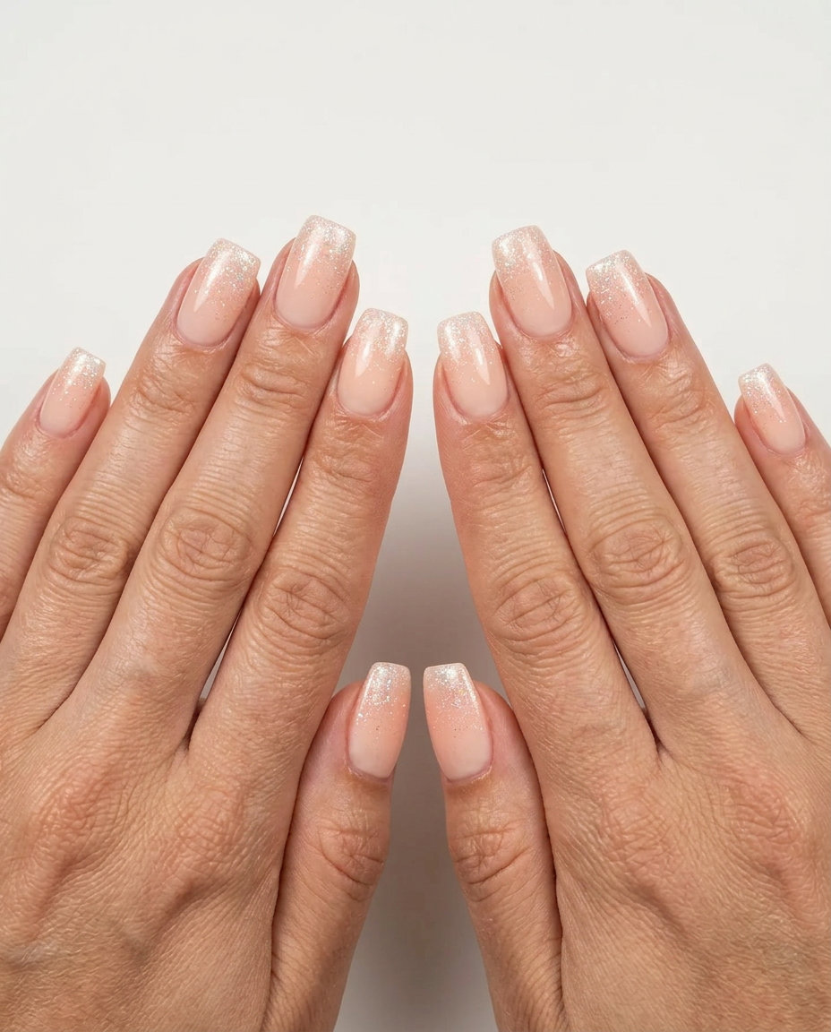 Summer Peach Nails 2026: Pale Peach Glitter Gradient Glamorous summer peach nails 2026 featuring a pale peach glitter gradient for formal events and bridal looks.