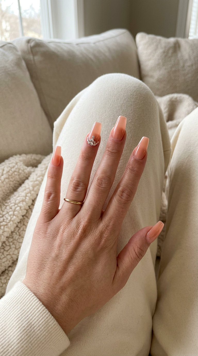 Sheer Peach Rhinestone Nails 2026: Glam Occasion Sheer peach rhinestone accent coffin nails 2026: Glamorous special occasion nails with ethereal sparkle.