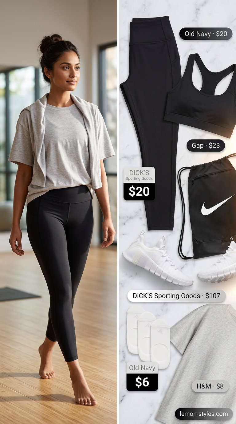 Black leggings, grey tee & sports bra for Summer Pilates Outfits for Women 2026 gym.