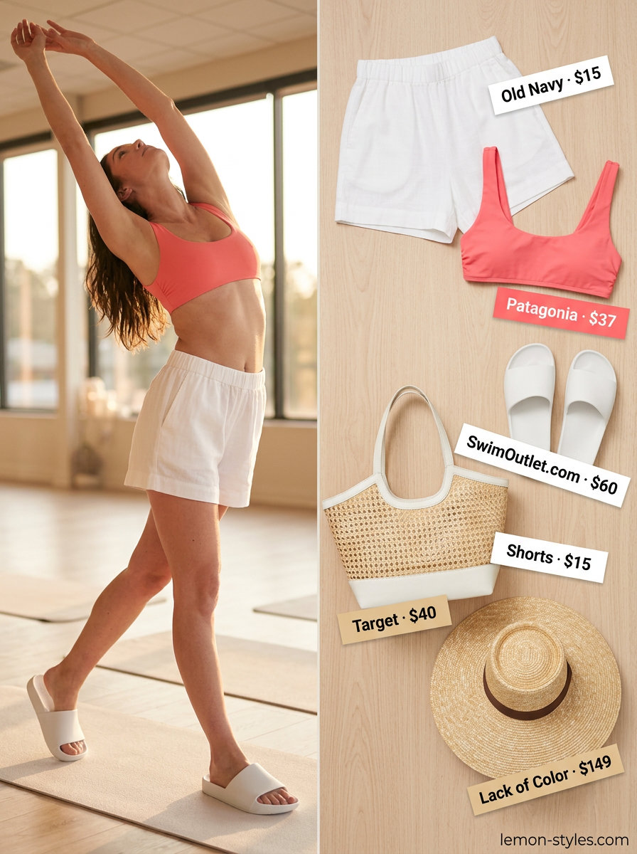 Coral pink bikini top, white linen shorts & straw hat for Summer Pilates Outfits for Women 2026 beach workout.