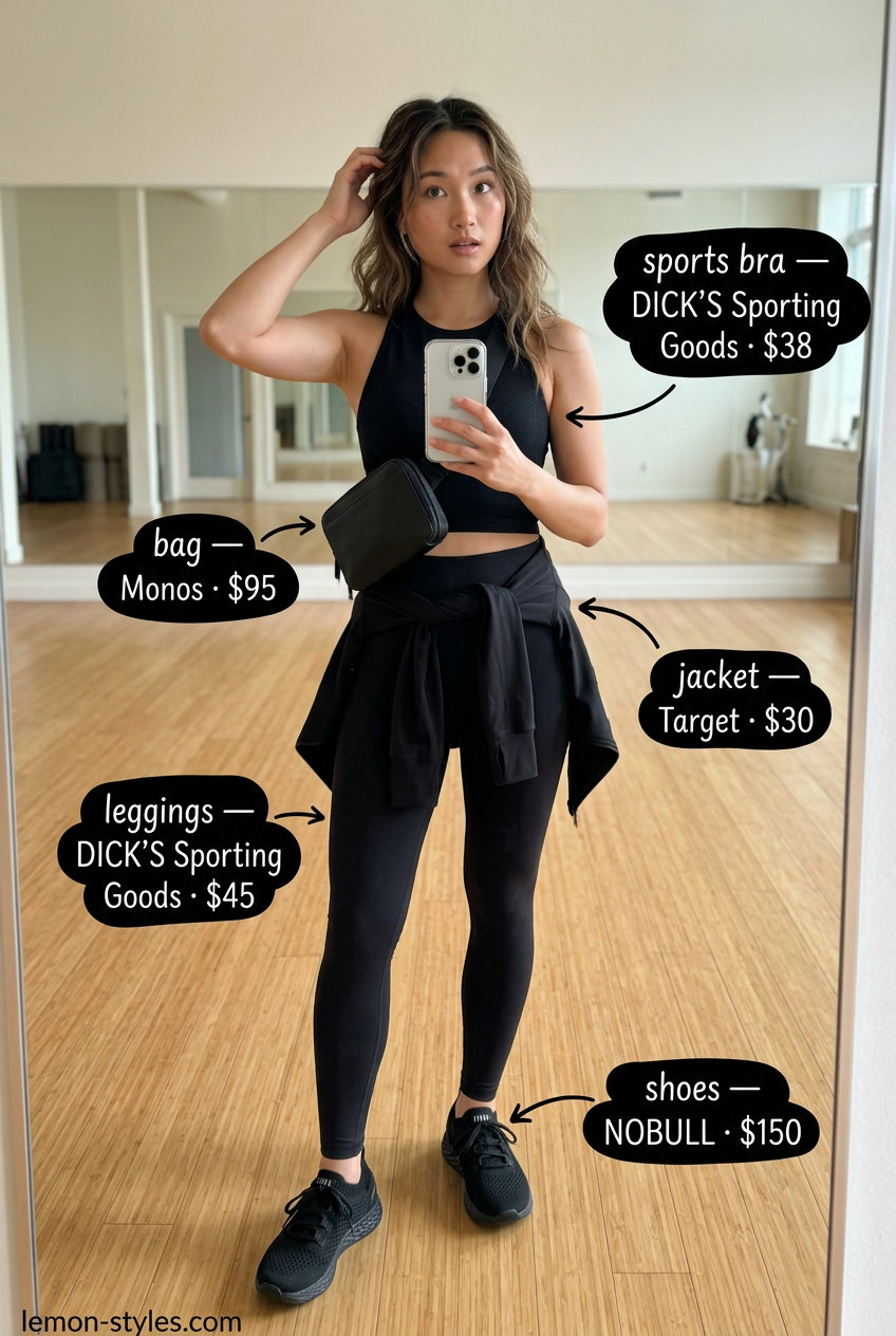 All black pilates outfit: leggings, sports bra, jacket & sneakers for Summer Pilates Outfits for Women 2026.