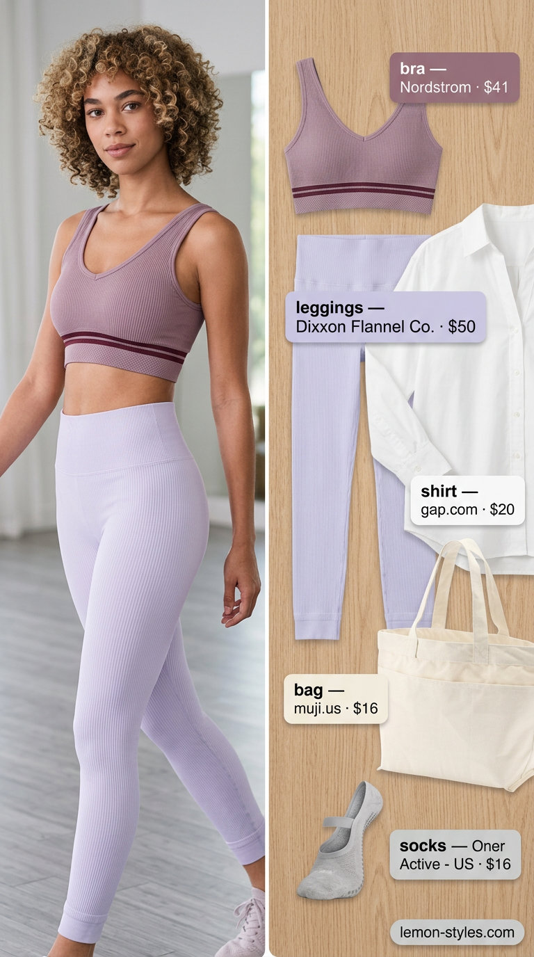 Lavender ribbed set, white oversized shirt & grip socks for Summer Pilates Outfits for Women 2026 studio.