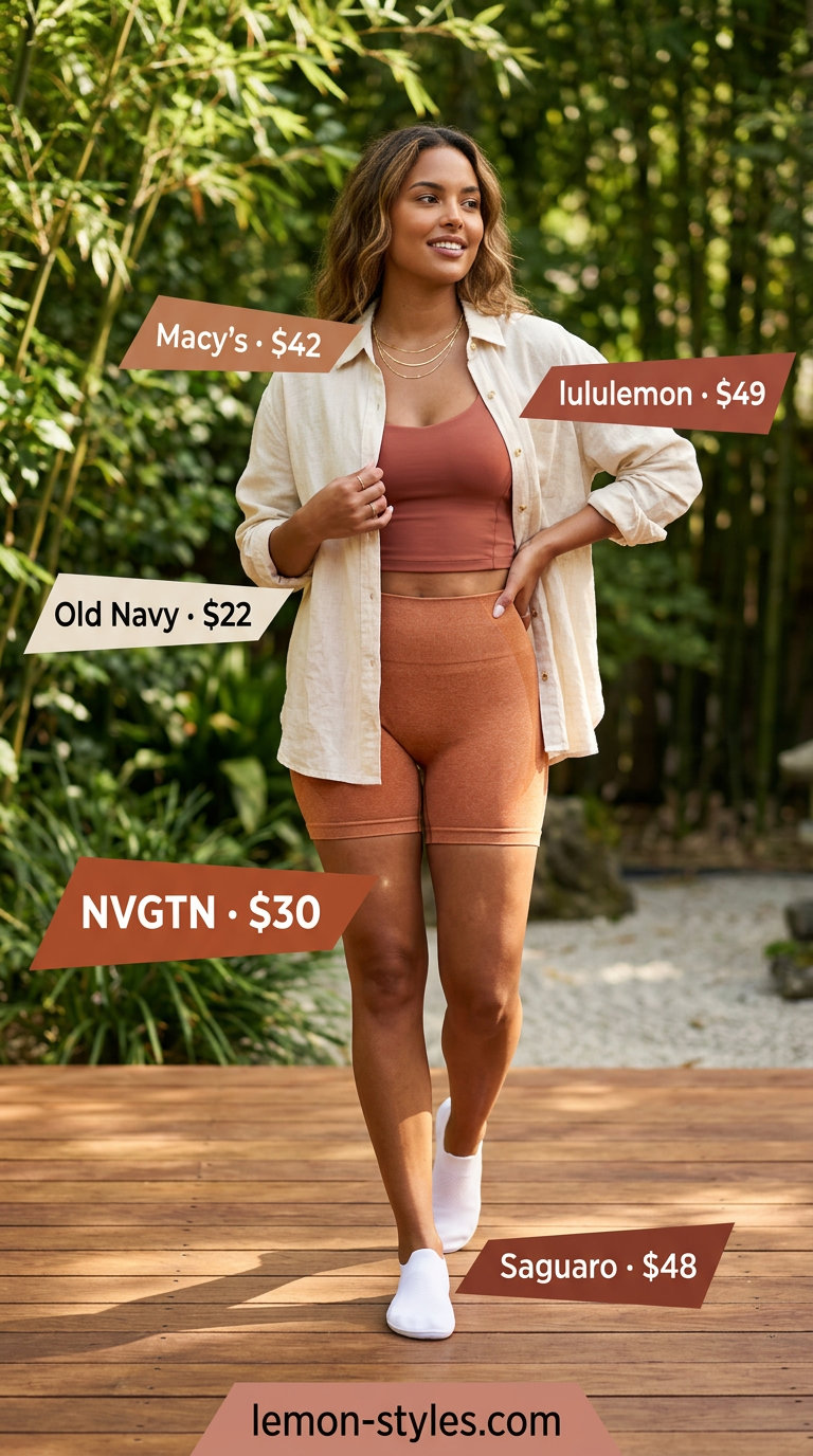 Terracotta biker shorts, cream linen shirt & gold necklaces for Summer Pilates Outfits for Women 2026 sunset.