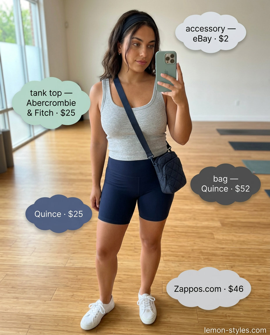 Navy biker shorts, grey tank & white sneakers for Summer Pilates Outfits for Women 2026 weekend.