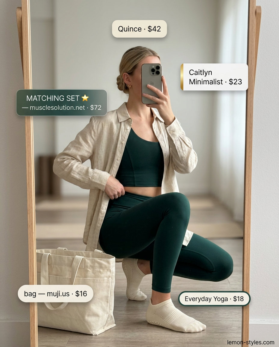 Earthy tones studio set for Summer Pilates Outfits for Women 2026. Forest green ribbed set & linen shirt.