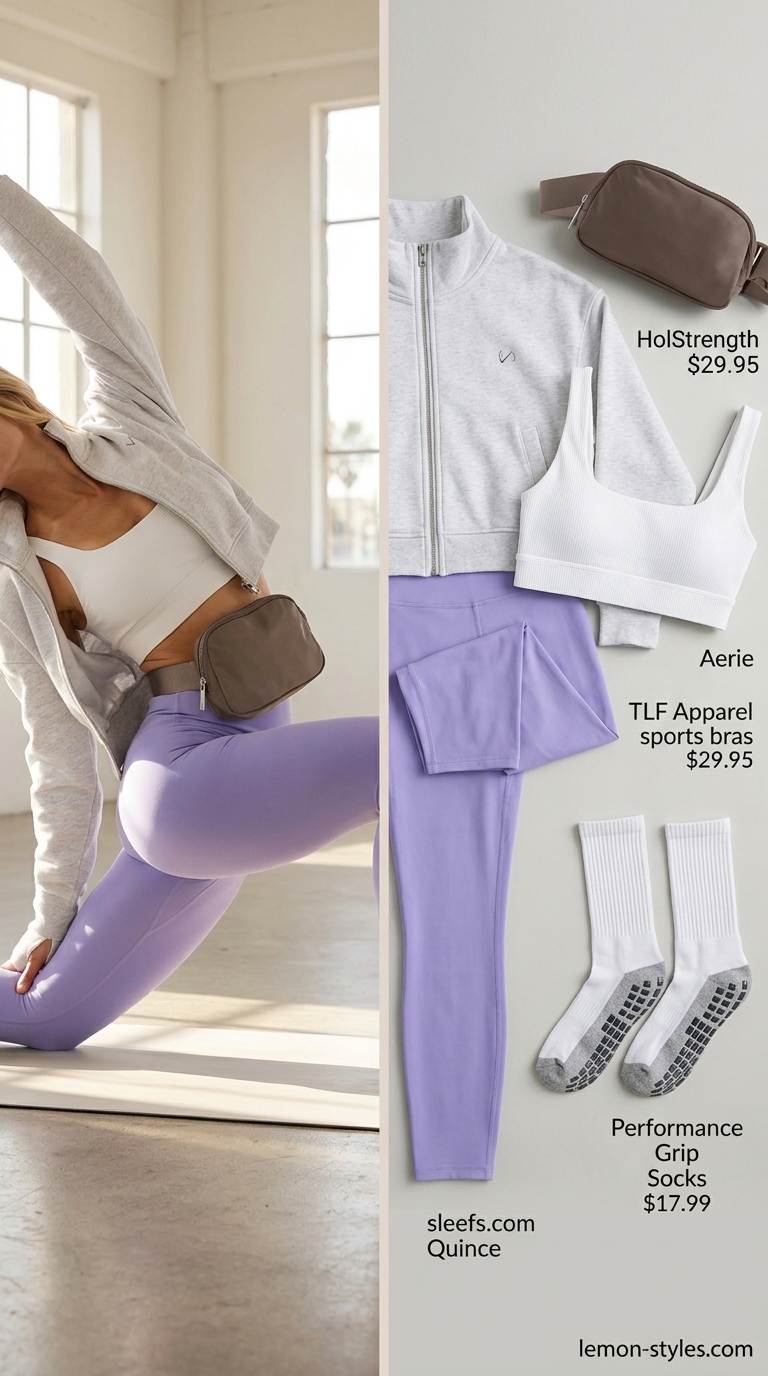 Sun-drenched studio flow outfit for Summer Pilates Outfits for Women 2026. Lavender leggings & white sports bra.