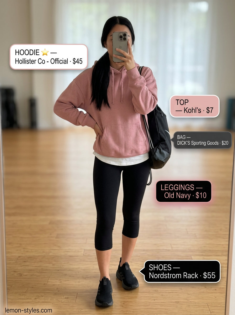 Blush pink hoodie & black capri leggings for Summer Pilates Outfits for Women 2026. Cozy evening workout style.