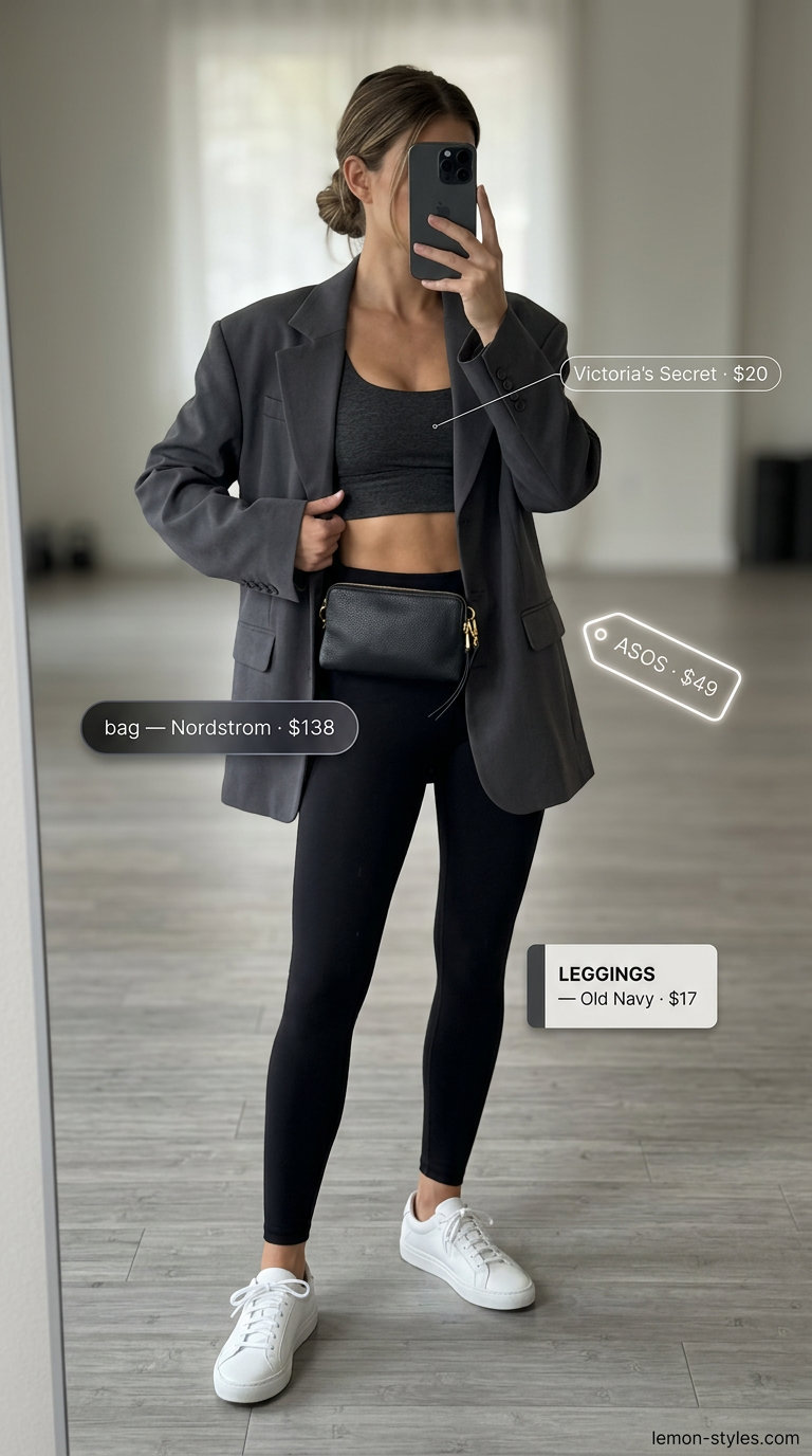 Grey blazer & black leggings for Summer Pilates Outfits for Women 2026. Chic urban athleisure style.