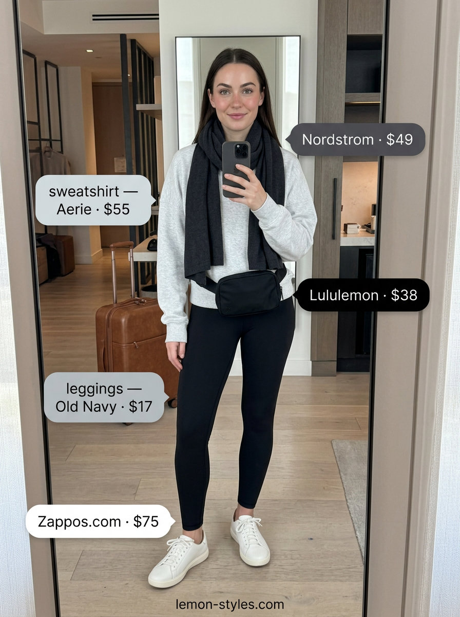 Grey sweatshirt & black leggings for Summer Pilates Outfits for Women 2026. Chic travel & airport style.