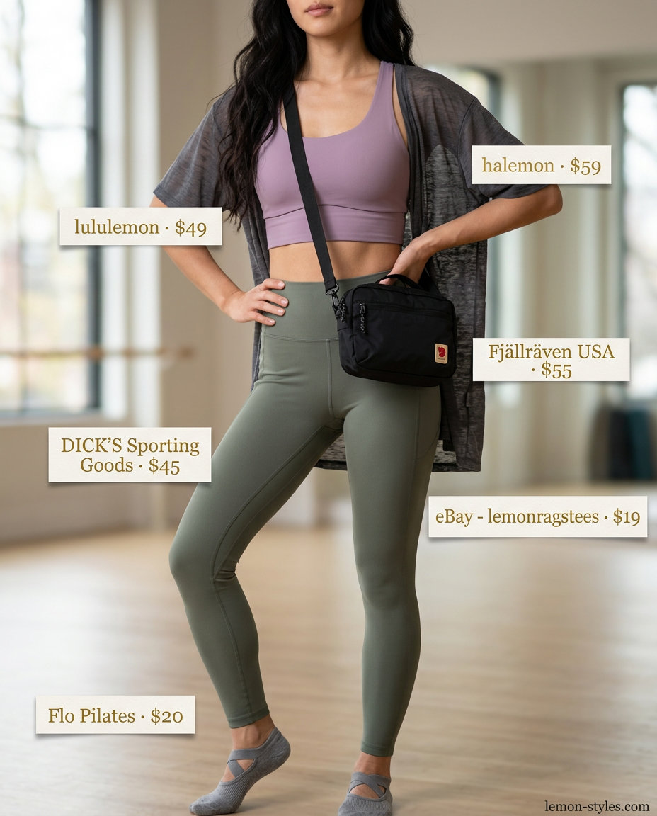 Lilac sports bra & olive green leggings for Summer Pilates Outfits for Women 2026. Serene yoga studio style.
